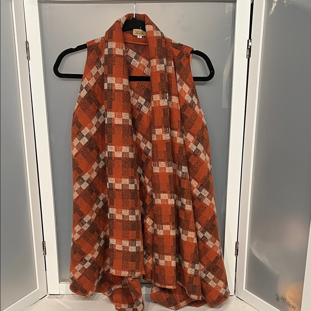 Piko 1988 orange brown plaid sleeveless duster cardigan polyester wool blend S
